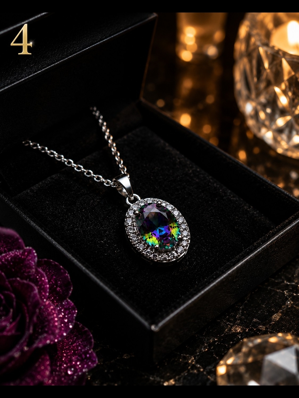 Title:
Mystic Rainbow Crystal Halo Pendant Necklace Silver Tone Statement Jewelr